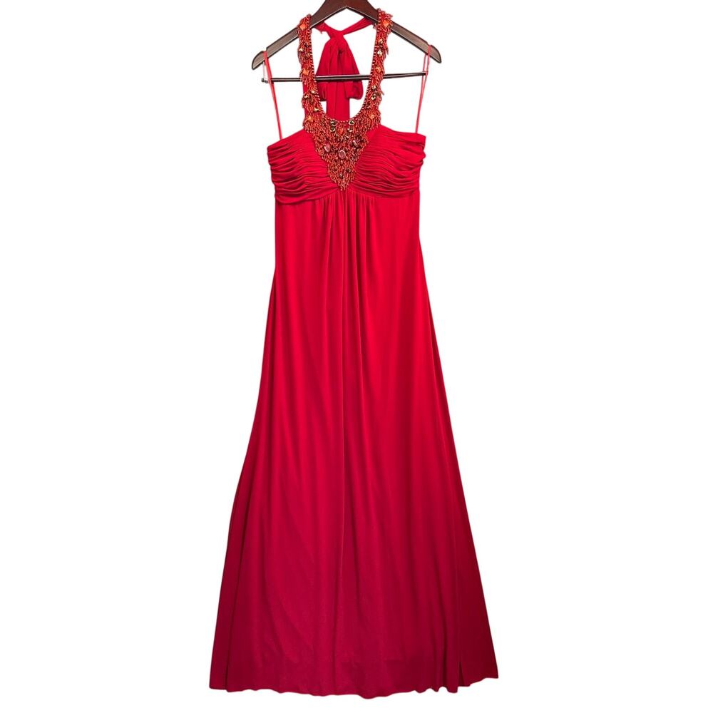 Jovani New York Vintage Red Beaded Halter Flowy Floor Length Gown Dress Women 10
